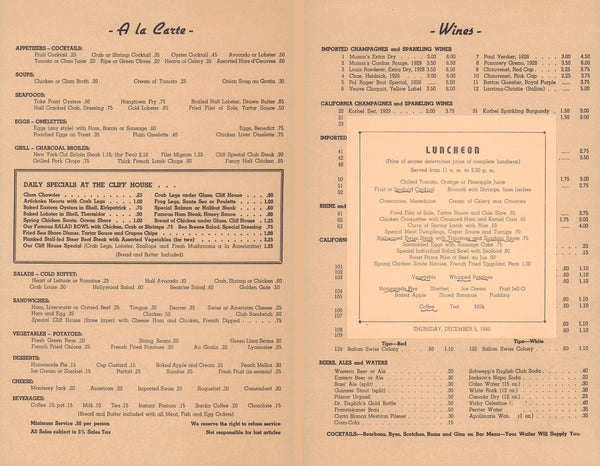 Cliff House, San Francisco, 1940 Menu