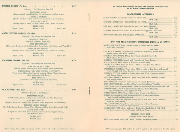 Don The Beachcomber, Hawaii 1956 Menu