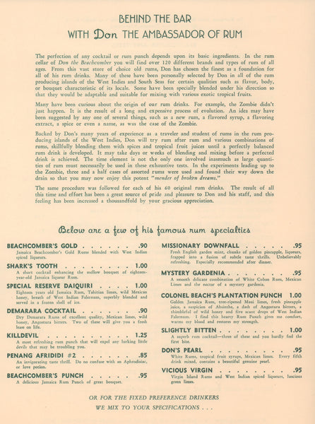 Don The Beachcomber, Hawaii 1956 Rum Menu