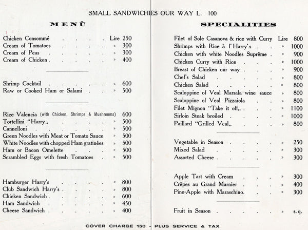 Harry's Bar, Firenze (Florence) 1950s Menu