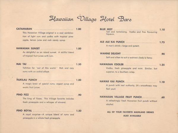 Hawaiian Village Hotels, Waikiki Beach 1960s Menu