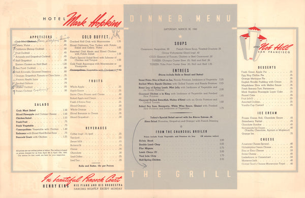 Hotel Mark Hopkins, San Francisco 1946 Menu