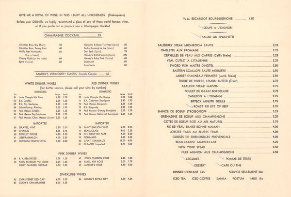 Jean's Blue Room, Sherman Oaks 1960s Menu