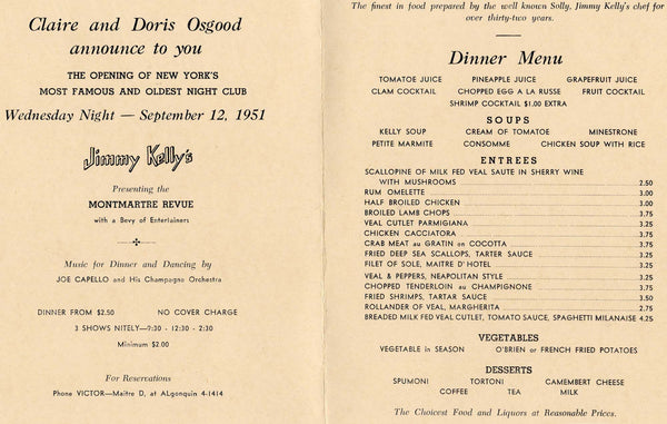 Jimmy Kelly's Nightclub, New York 1951 Menu