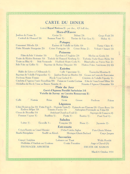 Kit Kat Club, London 1931 Menu