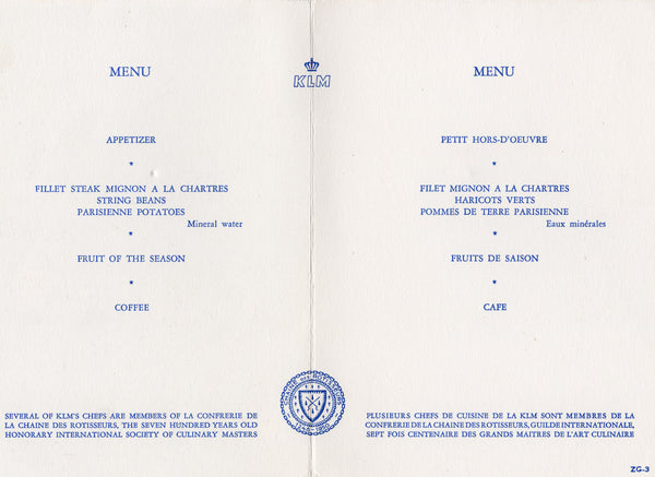 KLM 1960s in-flight menu