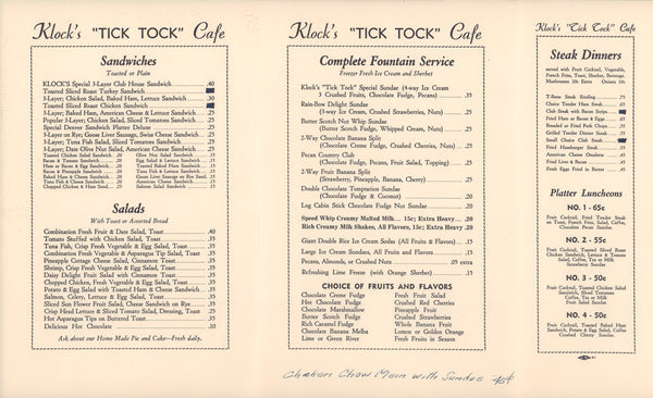 Klock's Tick Tock Diner, St Cloud MI, 1931 Menu