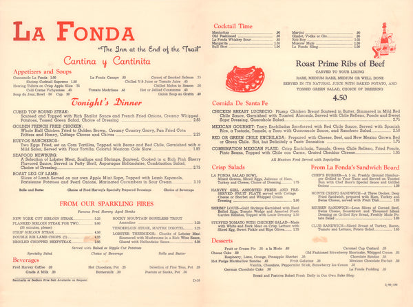 Fred Harvey La Fonda, Santa Fe 1969 mENU