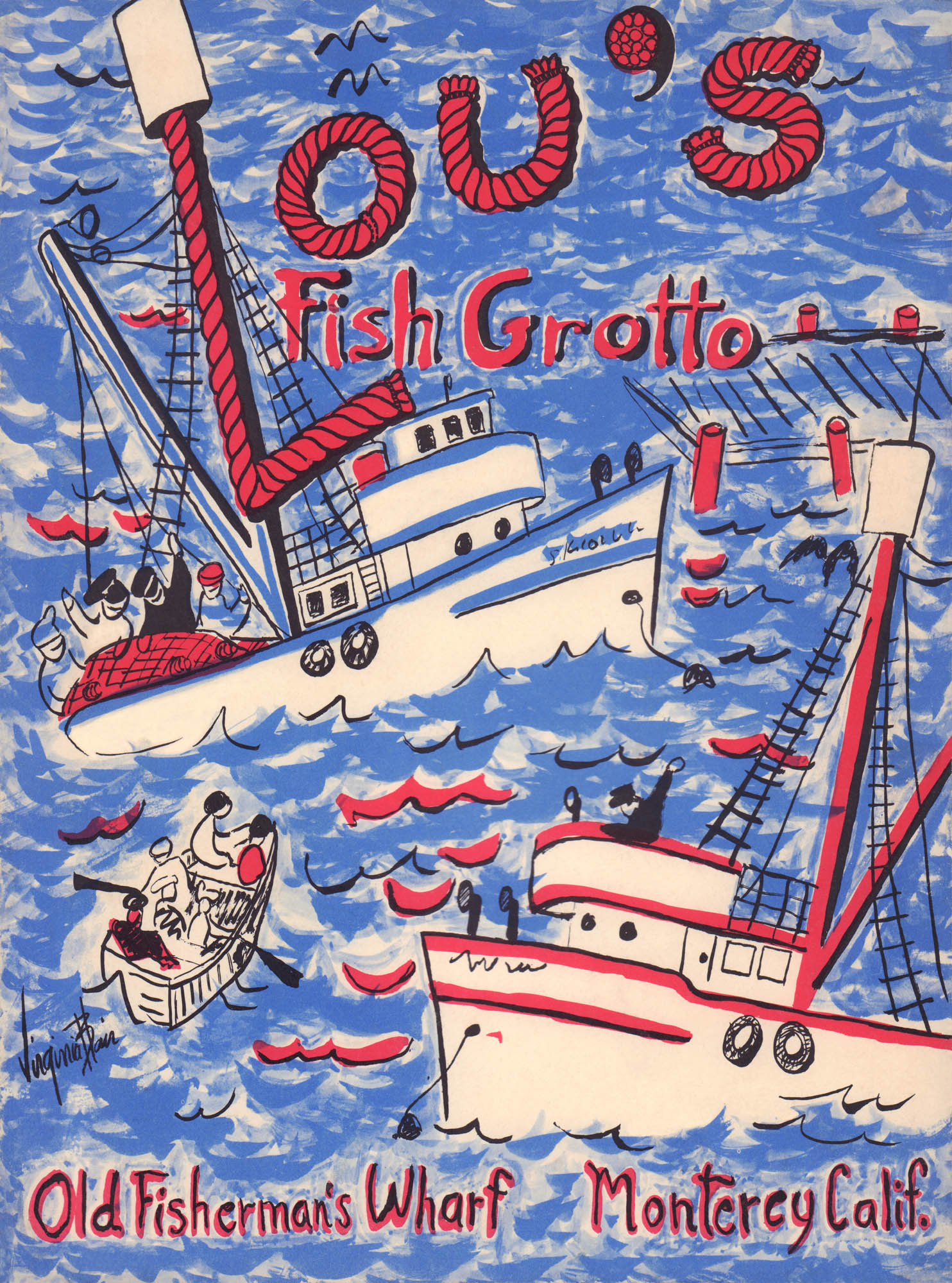 Lou's Fish Grotto, Monterey 1940s Menu Art