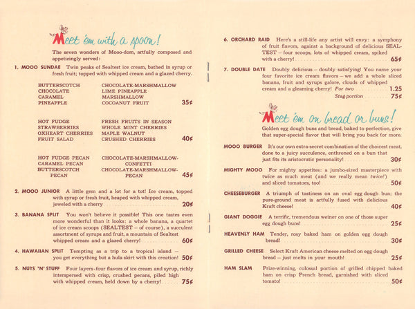 Moo Shops, USA 1950s Menu