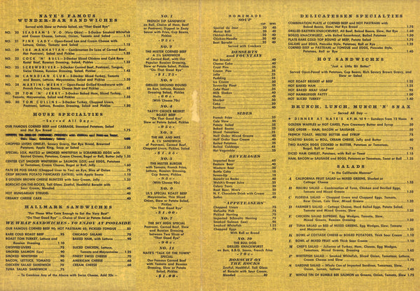 Nate's Deli, "Mr Corned Beef of Palm Springs" 1950s Deli Menu