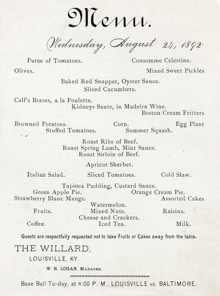 The Willard Hotel, Louisville Kentucky 1892 Menu