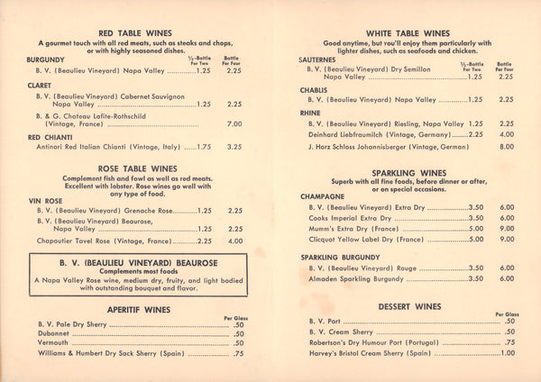 Paul's Fisherman's Galley, Redondo Beach 1960s Wine List