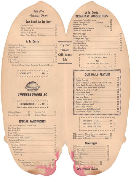 The Pink Cucumber, West Sacramento 1940s menu