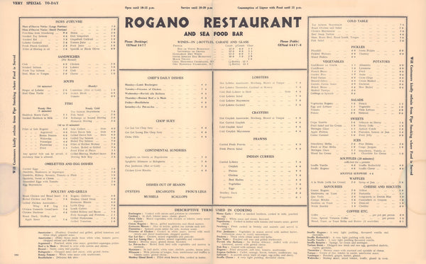 Rogano Restaurant , Glasgow 1950s Menu