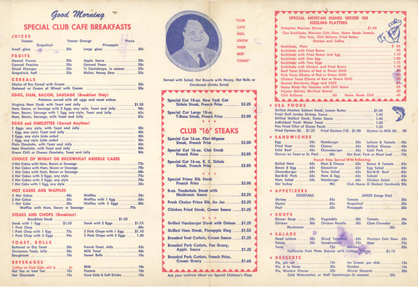 Club Cafe, Santa Rosa NM Menu 1950s