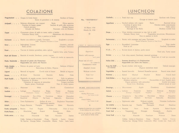 Motonave Saturnia, Capri 1956 Menu