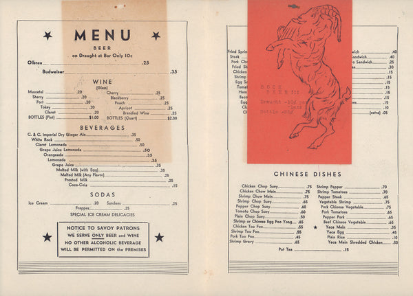 Savoy Ballroom, New York 1940s menu