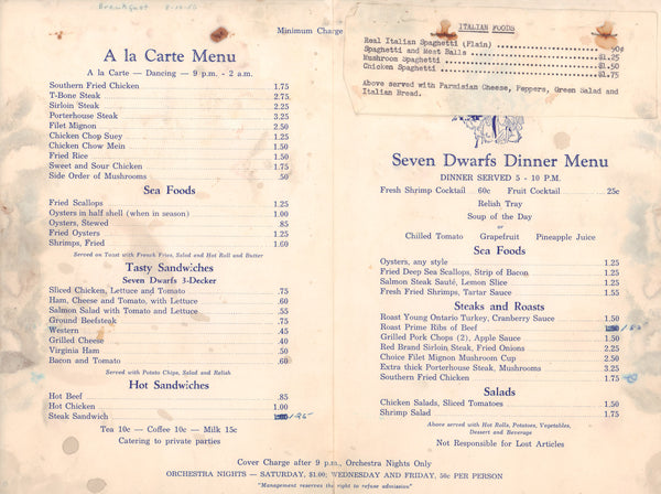 Seven Dwarfs Inn, Unknown 1956 Menu