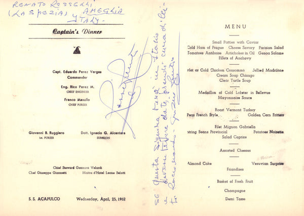 Steam Ship Acapulco, 1962 Menu