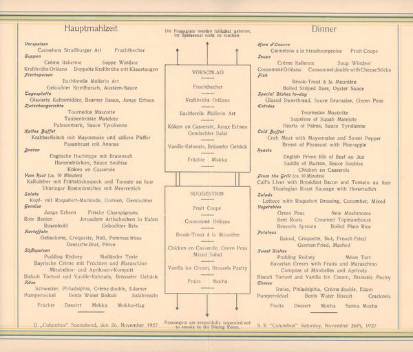 Steam Ship Columbus, 1927 Menu