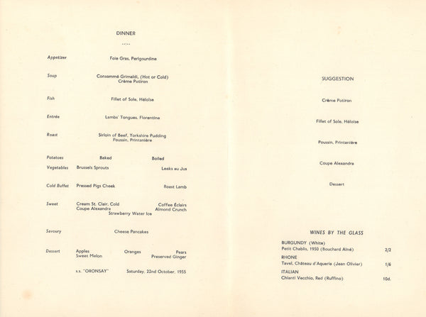 Steam Ship Oronsay 1955 Menu