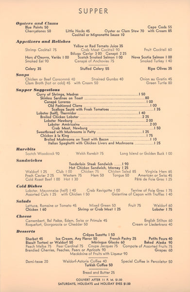 Starlight Roof Waldorf Astoria, New York 1930s Supper Menu