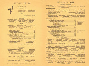 Stork Club, New York 1940 Menu