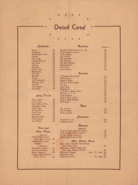 The Hofbrau and Cocktail Lounge, San Francisco 1945 Drink Card