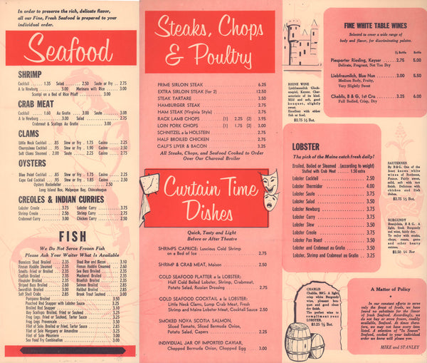 The Lobster (Oyster and Chop House), New York 1959 Menu