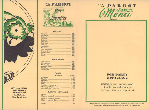 The Parrot, Washington, D.C. 1940s Drinks Menu