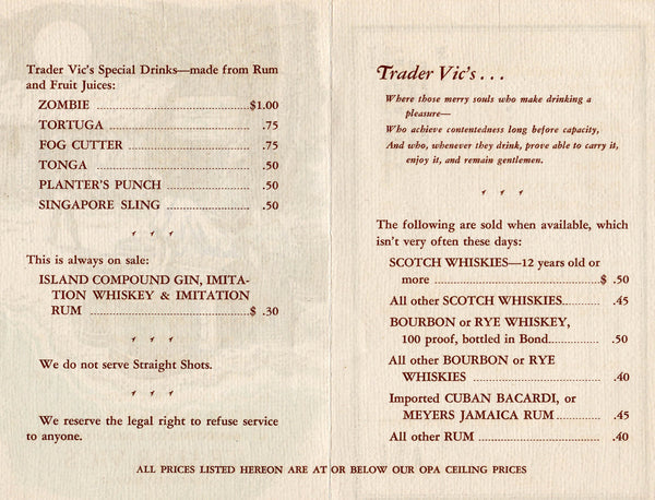 Granny Abbott & Fred Mosher Trader Vic's, Honolulu 1950s Drink menu