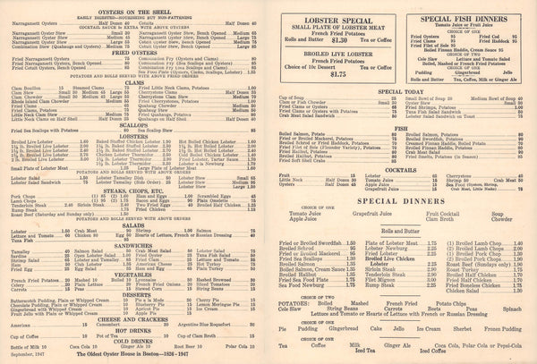 Union Oyster House, Boston 1947 Menu