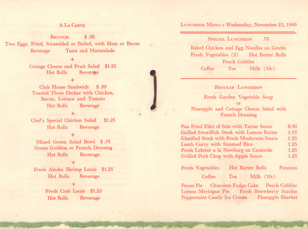 "A Day in Hawaii", Carmel 1949 Menu