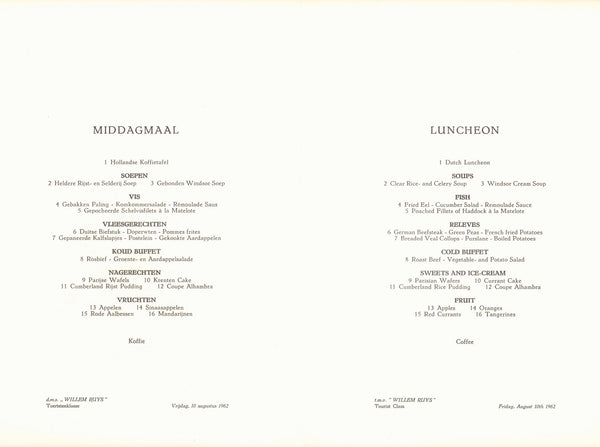 TMV Willem Ruys, Royal Rotterdam Lloyd 1962 Menu