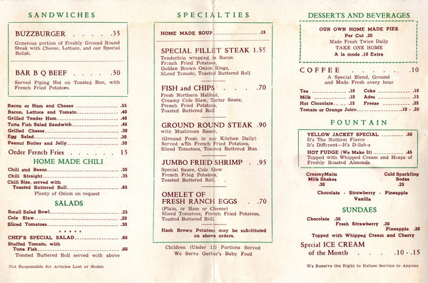 Yellow Jacket, La Cañada Flintridge 1950s Menu