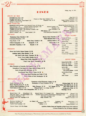 21 Club, New York 1981 Menu