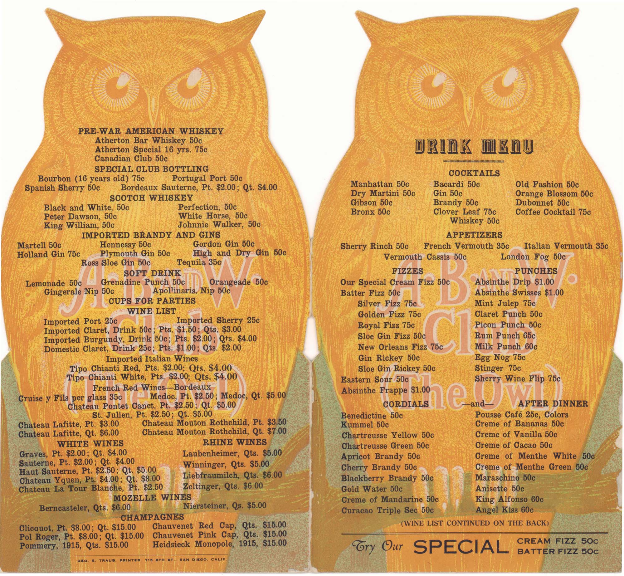 A B & W Club (The Owl) Mexicali 1920s Menu Design