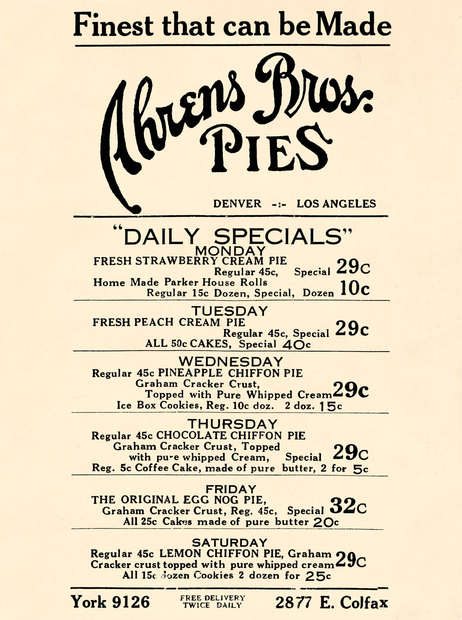 Ahrens Bros Pies Denver and Los Angeles 1930s menu
