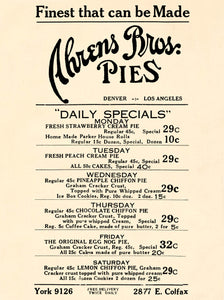 Ahrens Bros Pies Denver and Los Angeles 1930s menu