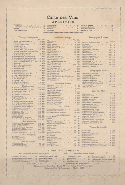 Café Lafayette, New York September 1907 Wine List