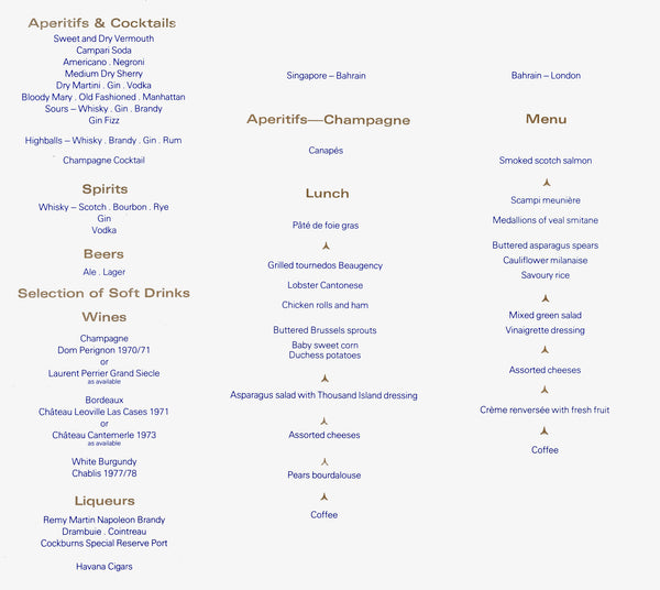 British Airways Concorde, Singapore - Bahrain - London 1980 Menu