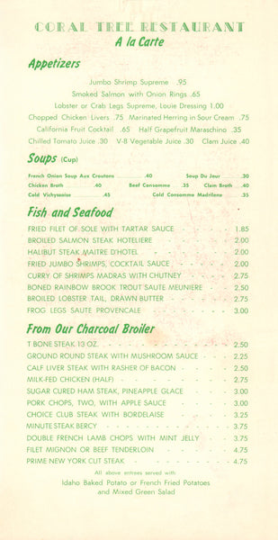 The Coral Tree, Palm Springs Hotel 1950s menu