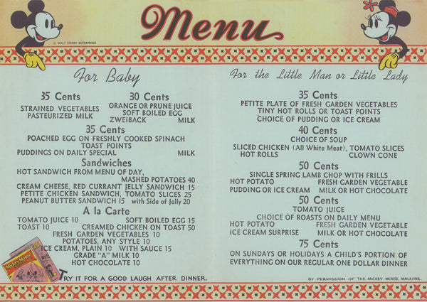 The Gateway Mickey & Minnie Mouse Menu For Children 1930s Menu