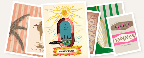 Collection of vintage-style menus from Palm Springs with different designs and text.