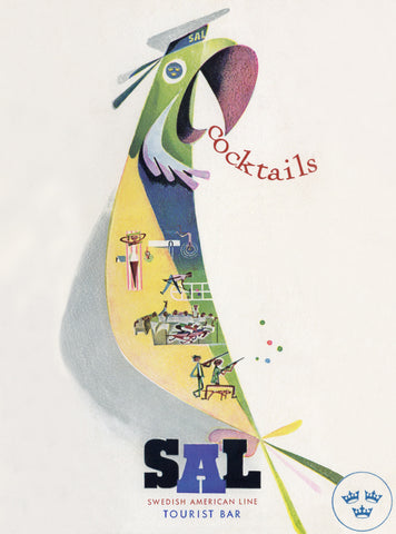 Swedish American Line, MS Kungsholm 1959 Cocktails Parrot menu art