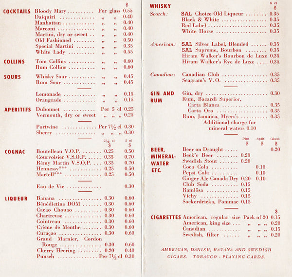 Swedish American Line, MS Kungsholm 1959 Drinks menu