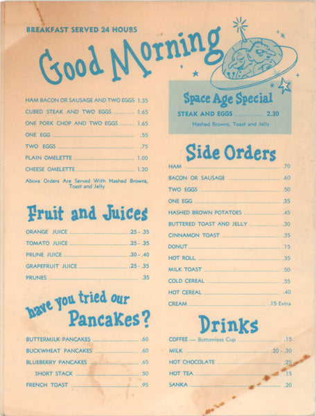 Space Age, Gila Bend AZ 1960s Breakfast Menu