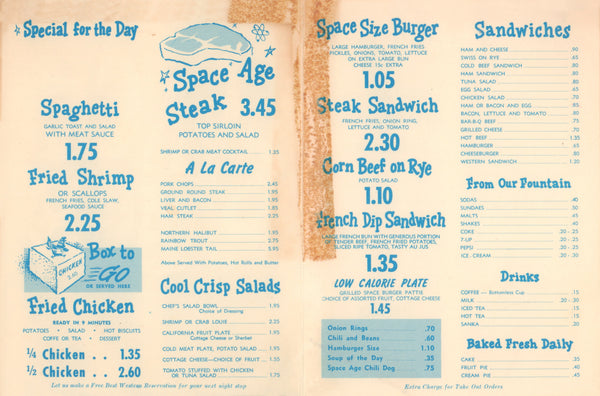 Space Age, Gila Bend AZ 1960s Menu