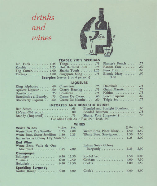 Trader Vic's, Honolulu 1950s  Drinks Menu